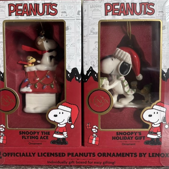 Lenox Peanuts 2 Christmas ornament set - Snoopy Holiday Gift/Flying Ace - NEW - Picture 2 of 4